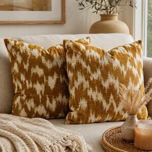 2 Mustard Gold Cream Velvet Ikat Pillow Covers 20x20 Boho Grandmillennial Decor